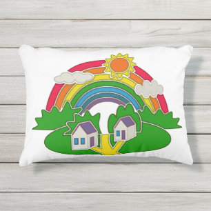 Almofada Para Ambientes Externos Cena de desenho animado rural com arco-íris e casa