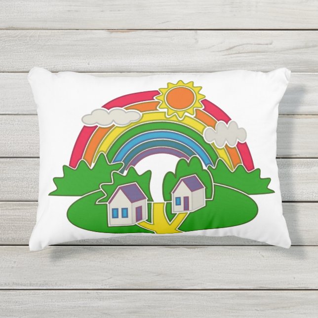 Almofada Para Ambientes Externos Cena de desenho animado rural com arco-íris e casa (Frente)