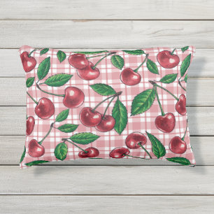 Almofada Para Ambientes Externos Cerejas vermelhas em gingham rosa