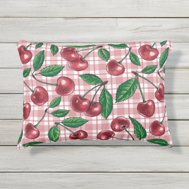 Almofada Para Ambientes Externos Cerejas vermelhas em gingham rosa (Frente)