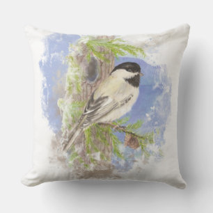 Almofada Para Ambientes Externos Chickadee da aguarela na natureza Spruce do
