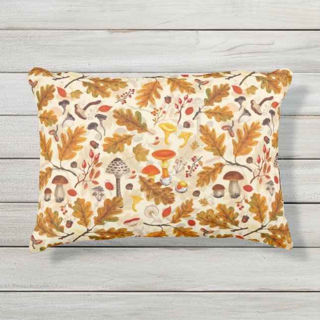 Almofada Para Ambientes Externos Cogumelos florestais e flora do outono em nata (Frente)