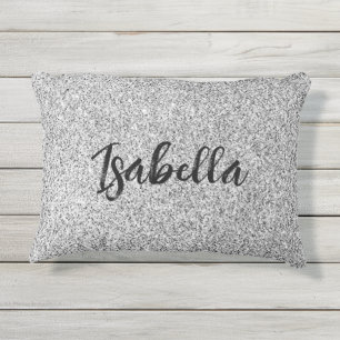 Almofada Para Ambientes Externos Disparos luminosos da cinza prateada Nome personal