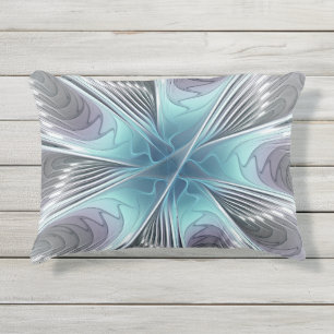 Almofada Para Ambientes Externos Elegância Arte Floral Fractal Azul Cinza Branco Mo