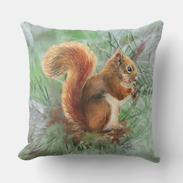 Almofada Para Ambientes Externos Esquilo de Aquarela Arte Animal (Frente)