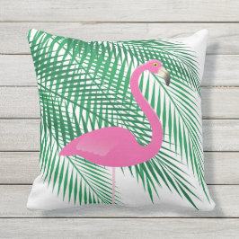 Almofada Para Ambientes Externos Flamingo & folhas de palmeira tropicais no branco