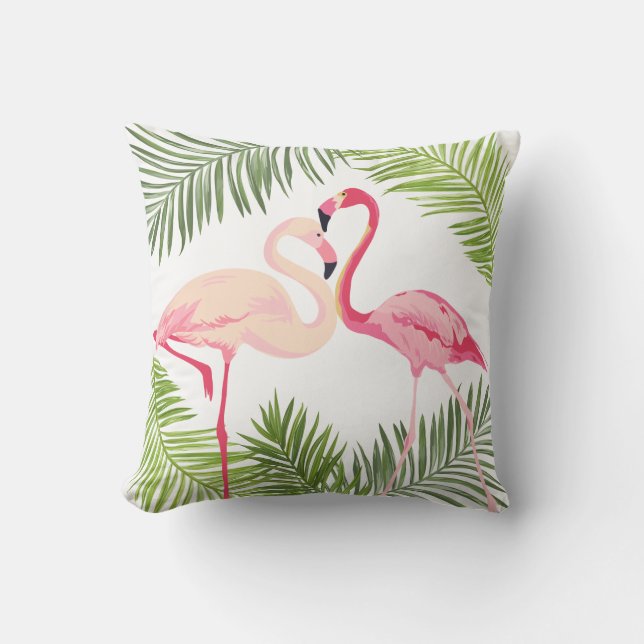 Almofada Para Ambientes Externos Flamingos Rosa com Folhas de Palma (Frente)
