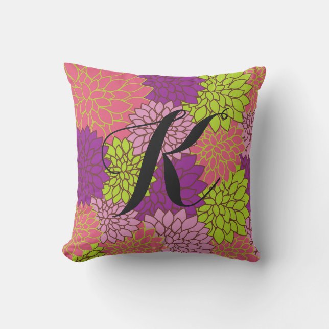 Almofada Para Ambientes Externos Floral Ousado c/ Inicial em Verde Lima, Rosa, Roxo (Frente)