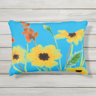 Almofada Para Ambientes Externos Flores Amarelas Coloridas em Aquarela sobre Turque