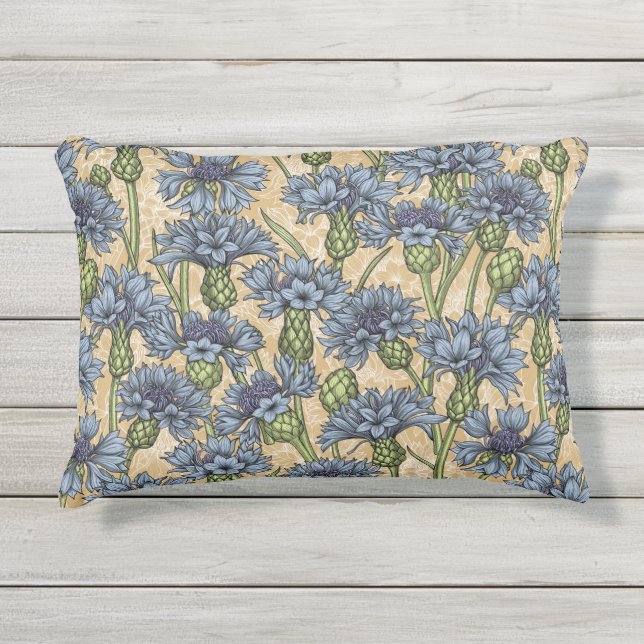 Almofada Para Ambientes Externos Flores azuis, flores silvestres, amarelo-mel (Frente)