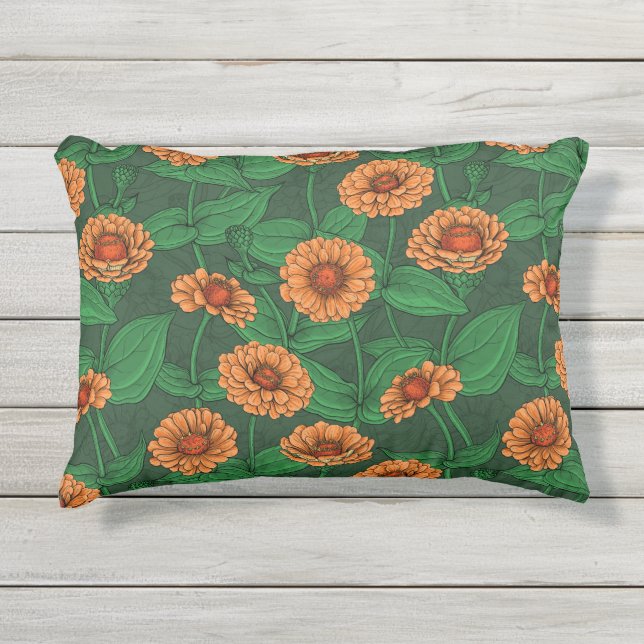 Almofada Para Ambientes Externos Flores de Zinnia laranja, folhas verdes em verde e (Frente)