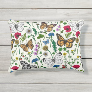 Almofada Para Ambientes Externos Flores e borboletas selvagens em branco