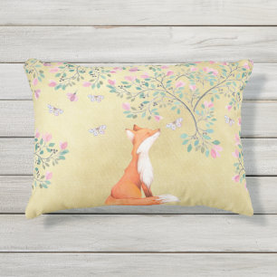 Almofada Para Ambientes Externos Fox com borboletas e as flores cor-de-rosa