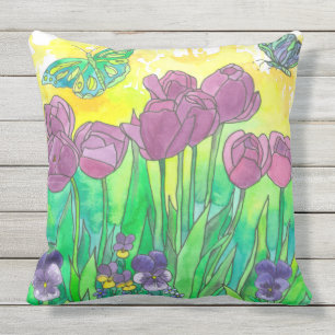 Almofada Para Ambientes Externos Jardim de Flores de Aquarela Púrpura da Tulipa