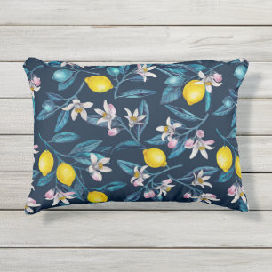 Almofada Para Ambientes Externos Lemon branches with blossoms and fruit on blue