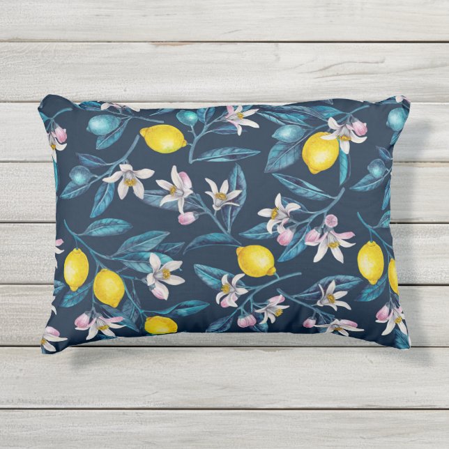 Almofada Para Ambientes Externos Lemon branches with blossoms and fruit on blue (Frente)