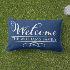 Almofada Para Ambientes Externos Marinho de boas-vindas Sobrenome personalizado azu
