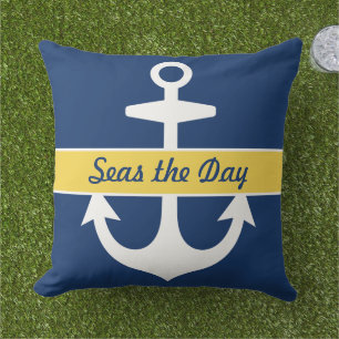 Almofada Para Ambientes Externos Marinho Náutico, Azul e Amarelo, Nome do Barco Per