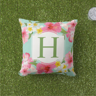 Almofada Para Ambientes Externos Monograma Personalizado de Flores Rosa-Rosa Aqua T