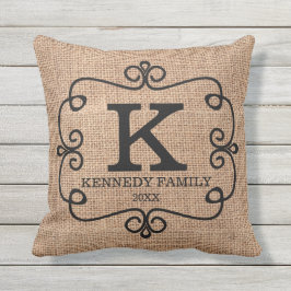 Almofada Para Ambientes Externos Nome Da Família Rustic Burlap Monogramed