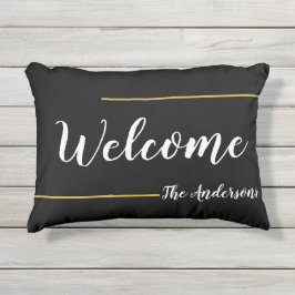 Almofada Para Ambientes Externos Nome de Texto Dourado e Branco de Boas-vindas
