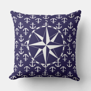 Almofada Para Ambientes Externos Padrão de Âncora Náutica Branco e Azul da Bússola