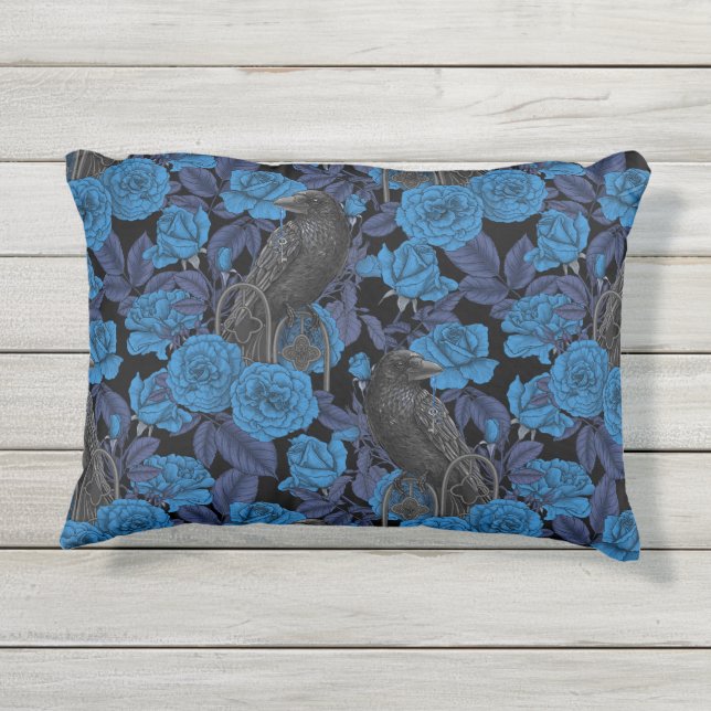 Almofada Para Ambientes Externos Ravens e rosas azuis (Verso)