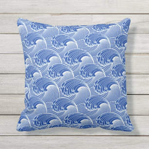 Almofada Para Ambientes Externos Vintage Ondas Japonesas, Cobalt Azul e Branco