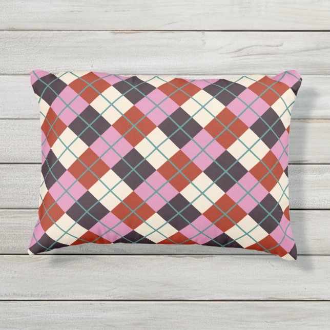 Almofada Para Ambientes Externos Xadrez Retrorística de Fogueira Rosa Vermelha (Verso)