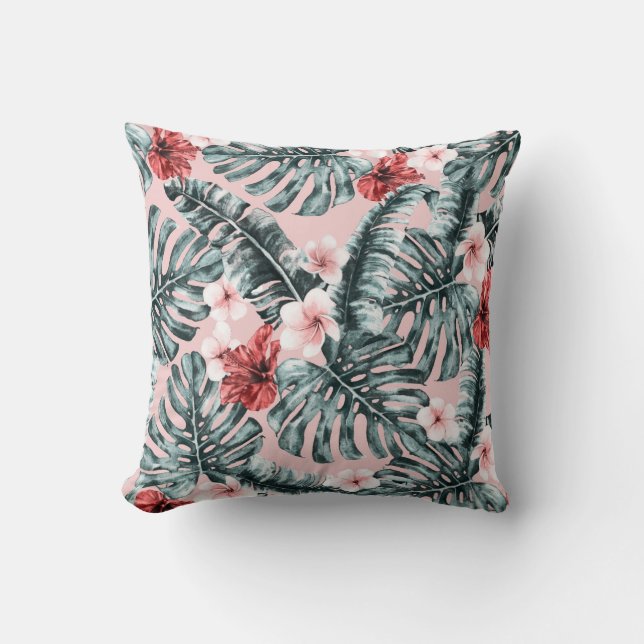 Almofada Paraíso Rosa Ilha Tropical Floral Botânica (Frente)