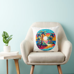 Almofada Paraíso Tropical Sunset Beach Relaxando Pixel Art