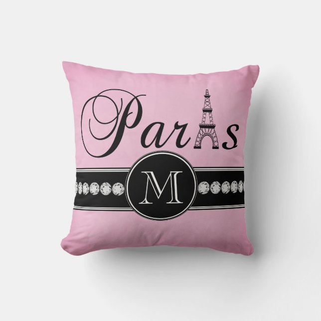 Almofada Paris preta cor-de-rosa feminino Monogrammed (Frente)