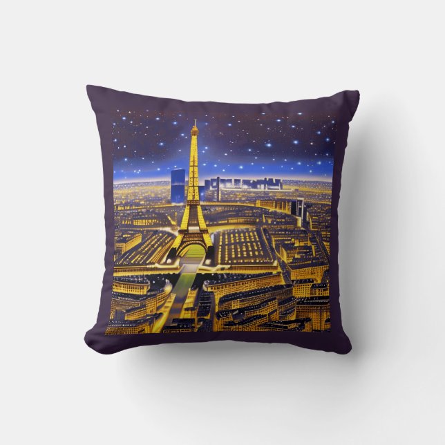 Almofada Paris sob um céu estrelado roxo (Frente)