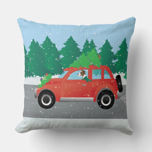 Almofada Parson Russell Terrier dirigindo carro de Natal (Frente)