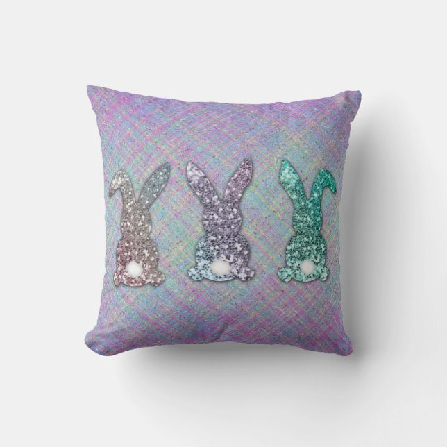 Almofada Páscoas De Glitter Pastel Glam Bunnies Na Xadrez (Frente)