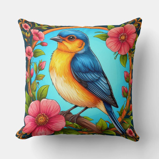 Almofada Pássaro Azul E Flores Para Amantes De Pássaros (Frente)
