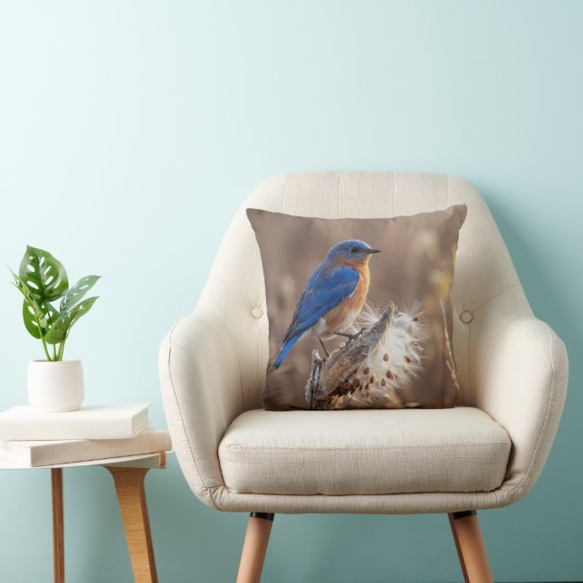Almofada Pássaro azul em um fruto de Asclepias (Cadeira)