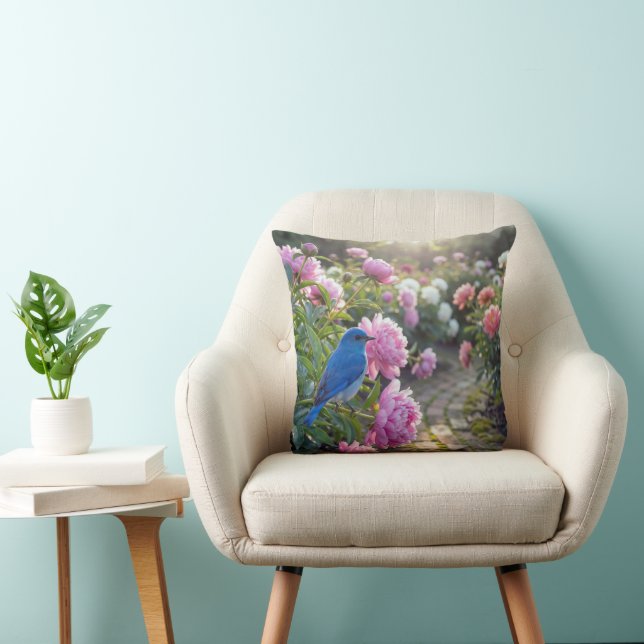 Almofada Pássaro Azul em uma Peônia Rosa (Cadeira)
