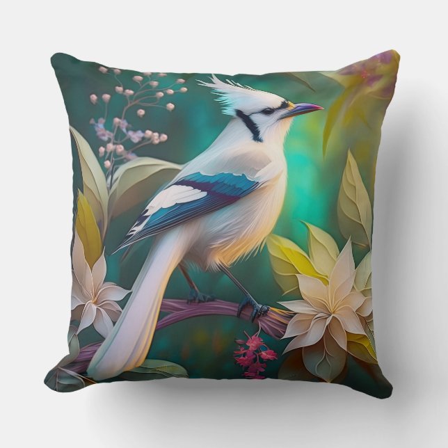 Almofada Pássaro Branca de Teal Wing Jay Fantasy (Frente)