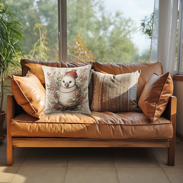 Almofada Pássaro branco e bonito de Natal Vestindo chapéu v (Criador carregado)