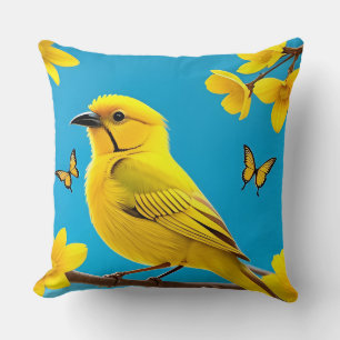 Almofada Pássaro Canoro Amarelo Brilhante Empoleirado em um