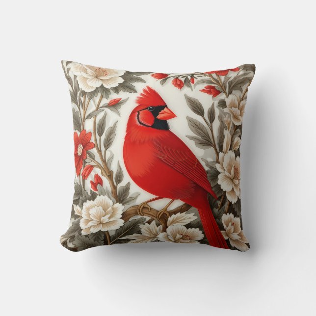 Almofada Pássaro Cardinal do Norte Floral Bonito (Frente)