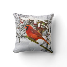 Pássaro cardinal, neve, inverno, travesseiro