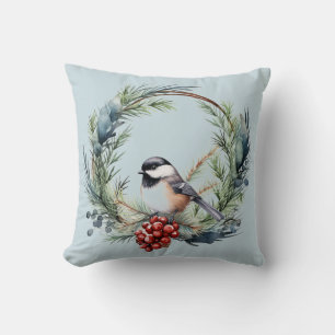 Almofada Pássaro Chickadee de Natal na Arte Wreath