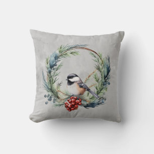 Almofada Pássaro Chickadee de Natal na Arte Wreath