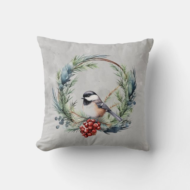Almofada Pássaro Chickadee de Natal na Arte Wreath (Frente)