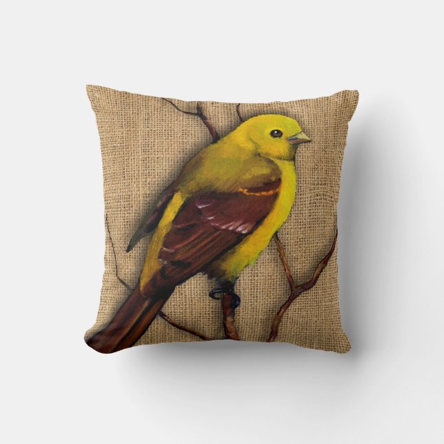 Almofada Pássaro-cisterna amarelo em Burlap, Branches, Trab (Frente)