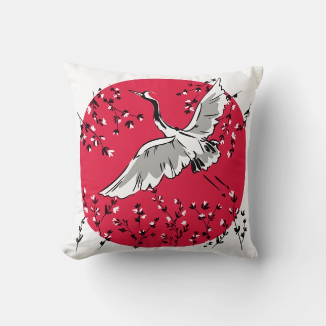 Almofada Pássaro Crane desenhado à mão, pássaro de ilustraç (Frente)