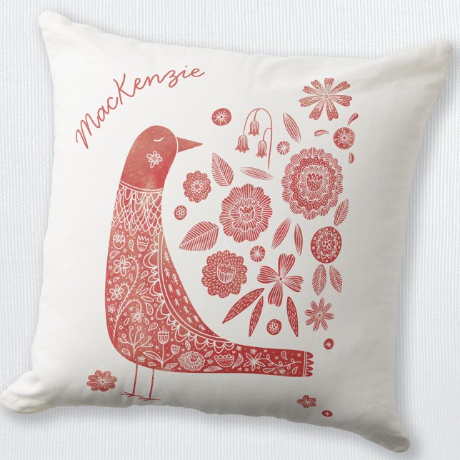 Almofada Pássaro Escandinavo Vermelho Branco Personalizado (Red and white personalized custom name folk art Scandinavian bird and flower throw pillow)