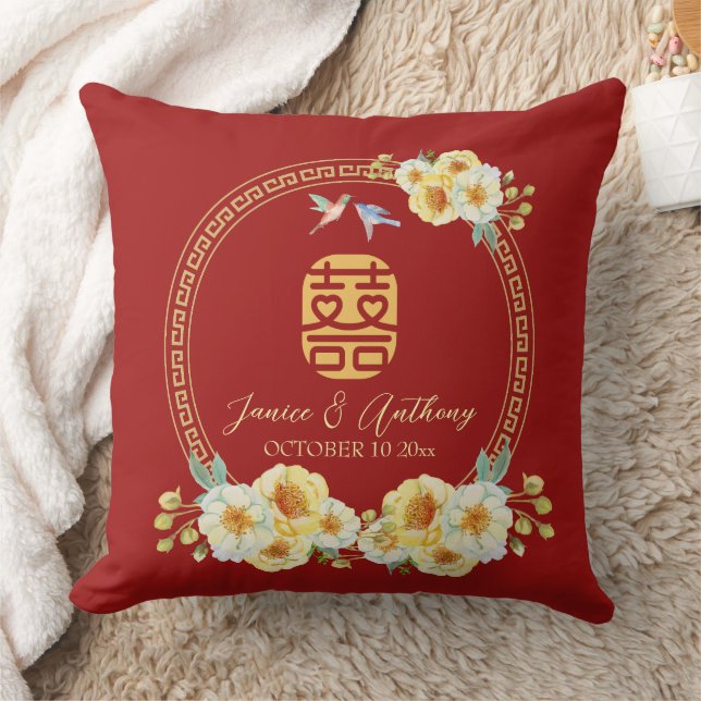 Almofada Pássaro floral vermelho do quadro de casamento chi (Cobertor)
